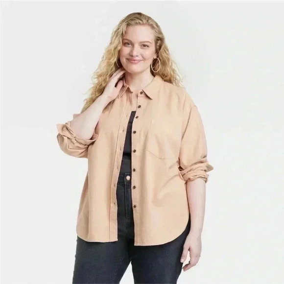 NWT Women's Long Sleeve Flannel Button-Down Shirt - Universal Thread Tan 1X - Picture 1 of 4